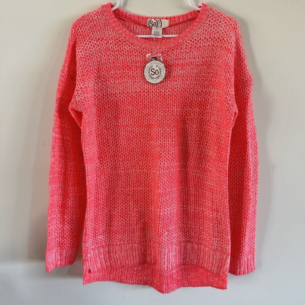 New VTG SO Women's Large Hot Pink Crochet Sweater Hi Low Long Sleeve Festival
